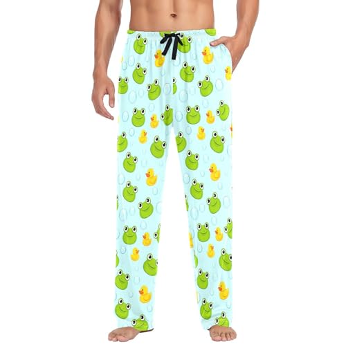Men's Cute Cartoon Frog Pajama Pants with Pockets - Straight Fit Cotton Sleep Bottoms for Lounge & Nightwear#467