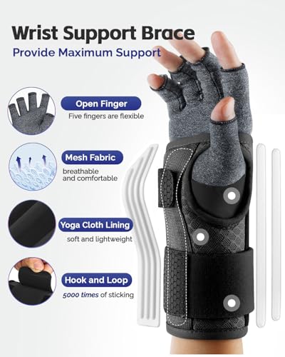 Image of FEATOL Compression Arthritis Glove with Wrist Brace, Comfortable Fingerless Carpal Tunnel Hand Gloves for Women Night Support, Pain Relief for Rheumatoid Arthritis, Work, Typing - Left Hand, Medium, Black