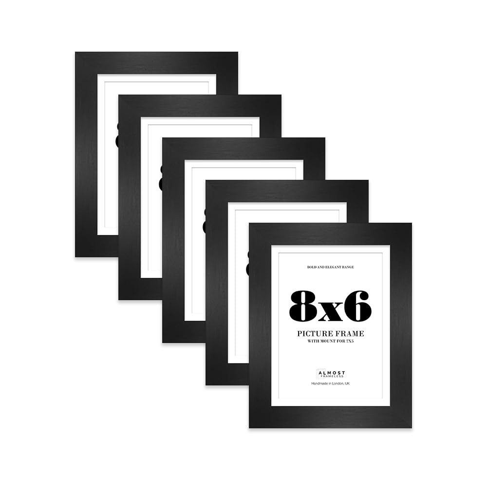 8x6 Black Frame With Mount for 7x5 Pictures 28mm Edge Portrait and Landscape Display with Wall Hooks and Kickstand, 5 Pack