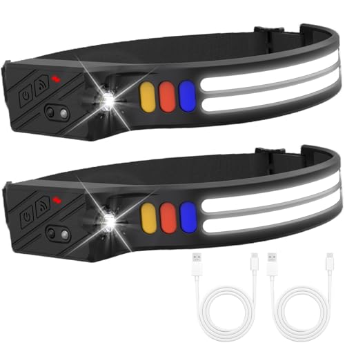 GBKDQQ 2 Stück Stirnlampe LED Wiederaufladbar, LED Kopflampe Stirnlampen mit 9 Lichtmodi und 4 Farben, 1200mAh Akku 2CM Ultradünn Intelligenter...