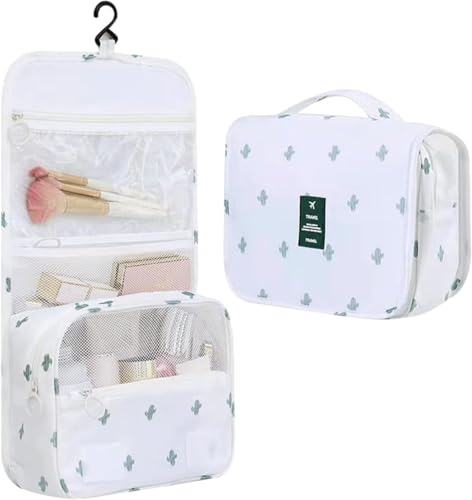 Image of Travel Toiletry Bag with Hanging Hook, Waterproof Cosmetic Organizer Pouch, Foldable Makeup Storage Case with Mesh & Transparent Compartments, Portable Travel Accessories Bag (White White)
