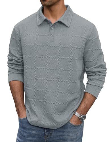 VOGSTART Polo texturizada para hombre con manga larga y botones, talla S-XXL miniatura 1