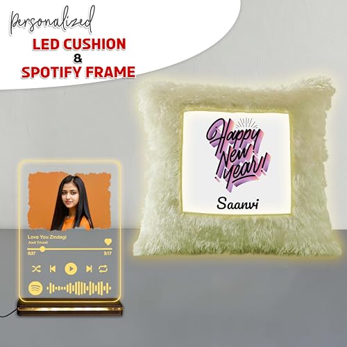 Image of SAVRI Premium New Year Hamper - LED Cushion & Spotify Frame with Custom Photo & Song Code - Personalized Gifts for Kids, Family, Friends, Him, Her, Boyfriend, Girlfriend, Husband, and Wife