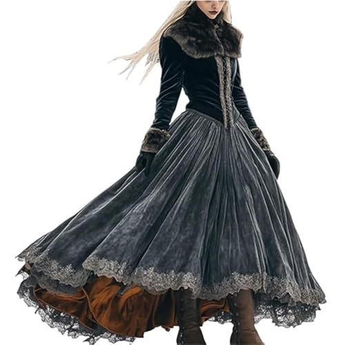 JIAALU Damen Vintage Samt Kleid Western Outfit Langarm Westernkleid Country Kleidung warmes fließendes langes Kleid für Winter
