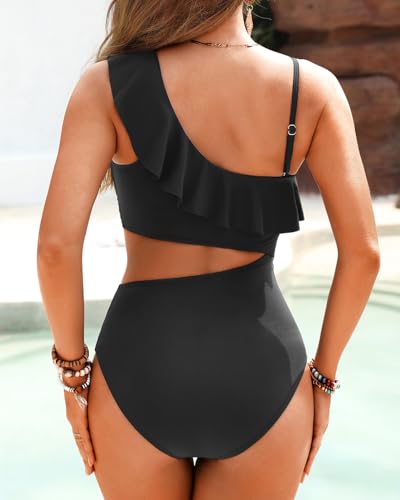 Women One Piece Cutout Swimsuits - One Shoulder Ruffle Cut Out Bathing Suit Swimwear Monokini 20253