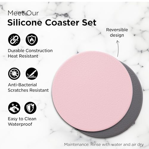 Image of UMAI Tea Coaster Set of 6 with Stand (Dia- 9.8cm, Thick- 2mm)| Coasters for Dinning Table for Hot Pots | Non Slip Mat | Gift for Housewarming | Kitty Party Return Gifts for Women (Grey /Pink)