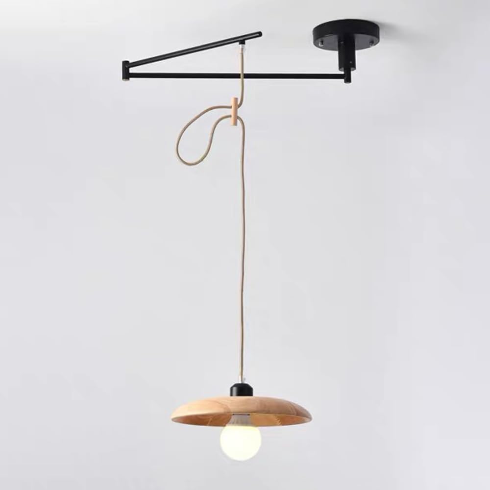 RXPVUXE Adjustable Swing Arm Pendant Light Fixture Rustic Wood Hanging Ceiling Lamp Black Farmhouse Long Arm Chandelier Modern Kitchen Island Lighting for Dinning Room Restaurant