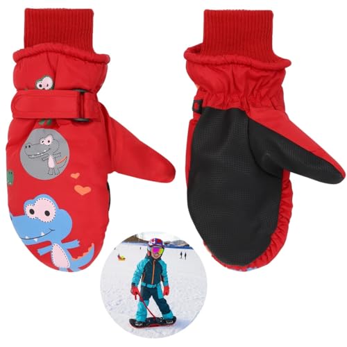 yeeplant Guantes de esquí cálidos para niños de 4 a 8 años, guantes de invierno impermeables con bonito estampado de dinosaurio y forro polar coral