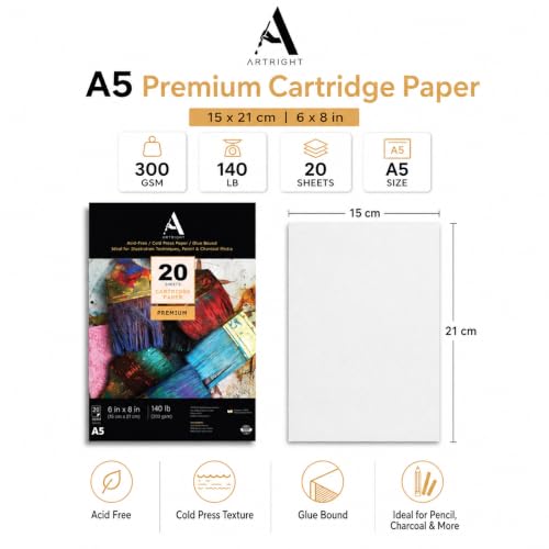 Image of ArtRight Artists' Sketching Paper (A5 Pack of 20 Sheets, 300 GSM); Handmade Cartridge Mixed Media Sheets of 300GSM for Pencil, Charcoal and Ink Media