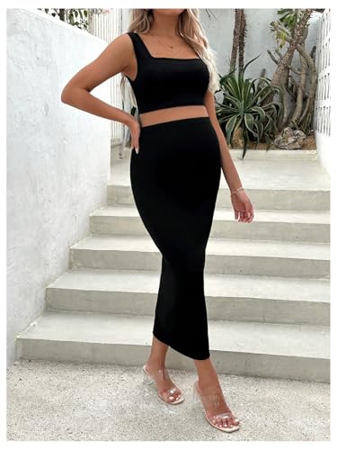 Oyoangle Women'S Maternity 2 Piece Outfits Square Neck Crop Tank Top And Split Thigh Midi Skirt Set Black Medium thumb #2