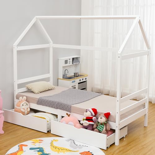 Aptliton Kids Playhouse Bed Frame - Single Pine Wood House Bed