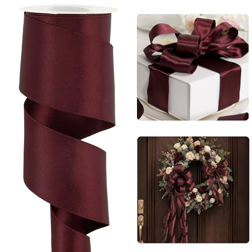 HUIHUANG Burgundy Satin Wired Ribbon 2.5 inch Wine Red Double-Faced Satin Wire Ribbon for Wreaths Bows Making Gift Wrapping Home Decor Crafts Christmas Tree Bows-Continous 10 Yards