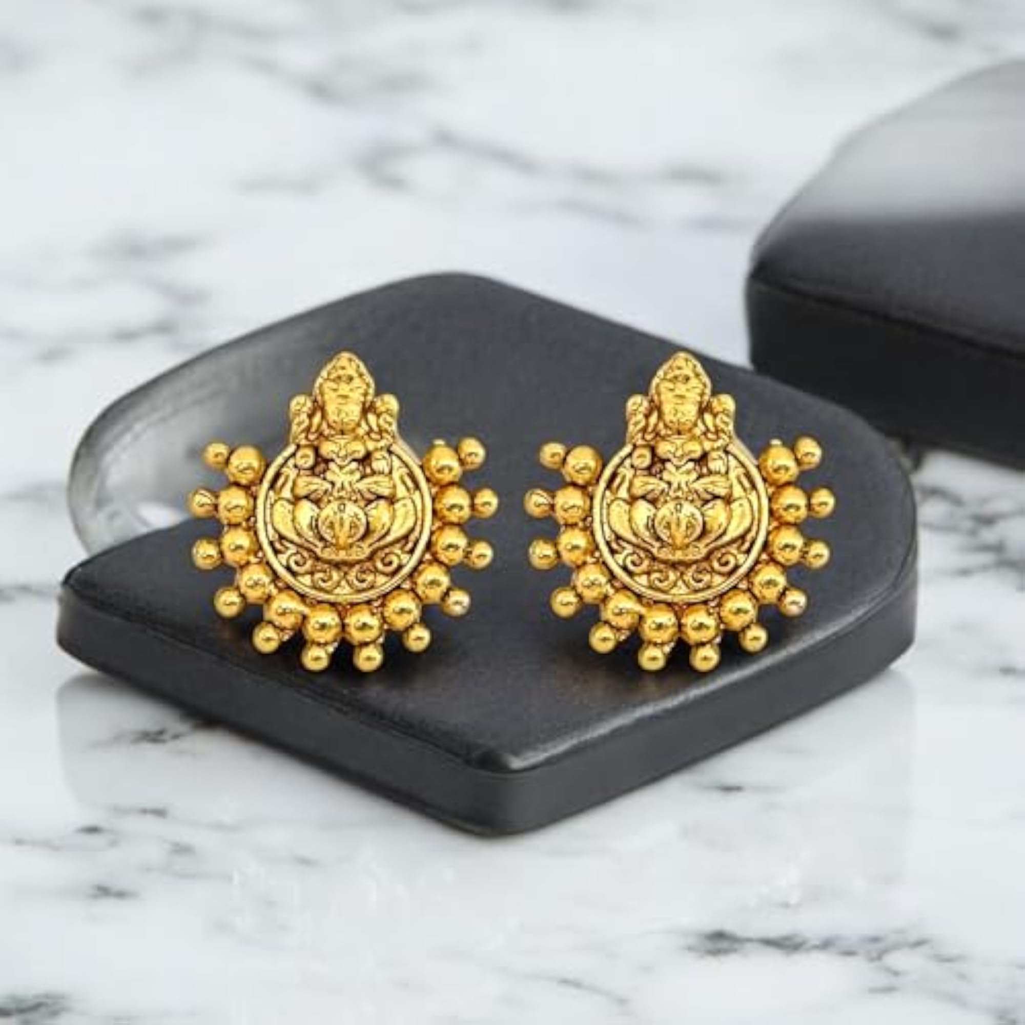 Lakshmi God Temple Stud Earrings, Gold Plated