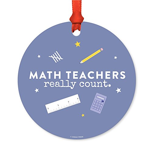 Andaz Press Teacher's Round Metal Christmas Ornament, Math Teachers Really Count, 1-Pack, Includes Ribbon and Gift Bag