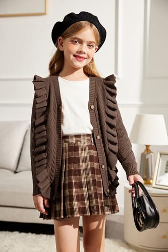 Image of Arshiner Girls Cardigan Sweaters Ruffle School Uniform Sweater V Neck Button Front Outerwear 4-13 Years