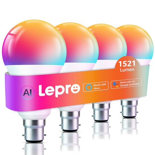 Lepro - Lepro B22 AI Smart Bulb, 1521LM Smart Light Bulb, 12W, Schedule & Timer, Energy Saving, 16 Million Colors, Work with Alexa & Google Assistant, Personalized AI Lighting Designer, 4 Packs