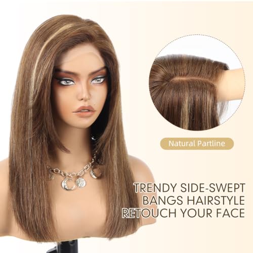 Image of KKU 100% Human Hair Wigs for Women,Real Human Hair Wigs,Side Swept Bangs Lace Front Wig(Brown With Blonde Highlight)