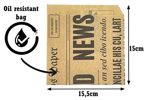 PAKNOR® 100 stk. Snack-Tüten, 15 x 15 cm, Hamburgertasche Sandwich-Tüten, Snacktasche, Dönertaschen, Snackbeutel mit Oldnews Aufdruck (100)