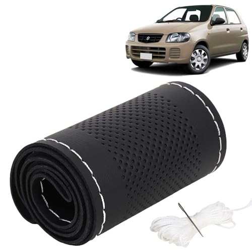 Image of KINGSWAY PU Leatherite Car Steering Cover Sewable Compatible with Maruti Suzuki Alto (Year 2000-2012), Black Color with Silver Thread, Pack of 1 with Sewing Needle and Thread