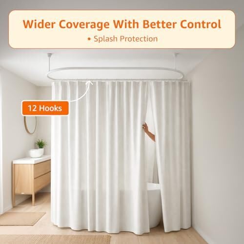 Image of Amazon Basics Shower Curtain 7 Feet | Waterproof Bathroom Curtain | PVC-Free, No Plastic Smell | Machine Washable Fabric | Off-White | 6ft Wide | 12 Hooks -180 CM X 210 CM
