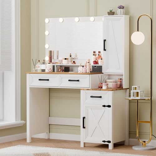 Image of Farmhouse Vanity Desk with 3 Adjustable Light Colors & Power Outlet, White Makeup Vanity Table with Sliding Jewelry Cabinet, Built-in Lipstick Organizer, 3 Drawers & Shelves for the Bedroom