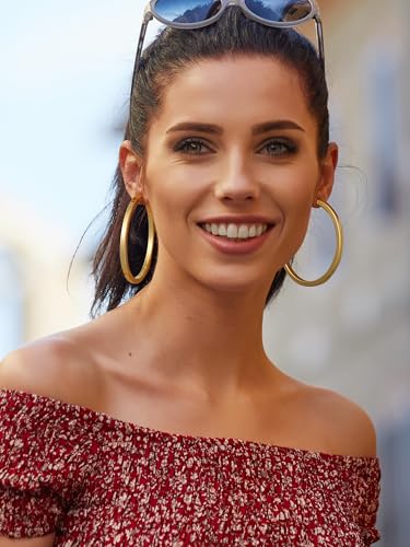 Image of Stainless Steel Chunky Hoop Earrings For Women, Minimalist and Chic, Black /Gold Plated, Round Hoops Earrings Hypoallergenic, Size: 30mm /40mm /60mm /80mm, Come with Box