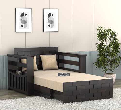 Image of Sheesham Wooden 2 Seater Sofa Cum Bed with Mattresses for Home Living Room | Rosewood 2 Seater Sofa Cums Bed for Bedroom Without Pillow | Solid Wood Sofa Bed (Walnut B, 2 Seater)