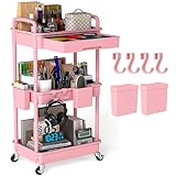 LLMRR 3 Tier Rolling Utility Cart with Drawer, Plastic Storage Organizer Rolling Carts with Wheels Handles Hanging Cups Hooks for Office, Bathroom, Kitchen,Craft Art Room (Pink)