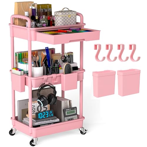3-Tier Rolling Utility Cart with Hooks and Drawer