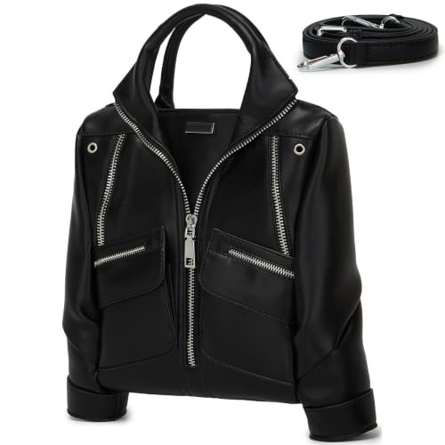 Image of Women Novelty Jacket Shaped Handbag Purse Y2K Punk Crossbody Shoulder Bag | Premium vegan PU leather. Fixed top handle for carrying & adjustable detachable strap for shoulder or crossbody styling.