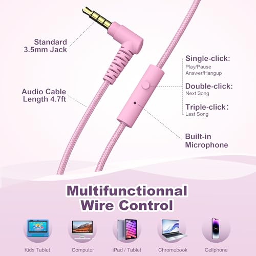 Image of Kids Headphones for School with Microphone, 93dB Volume Limited, PinkPurple | Wired On Ear Headphones for Girls Boys, Foldable Lightweight Headphone for Classroom Learning & Entertainment Travel Computer
