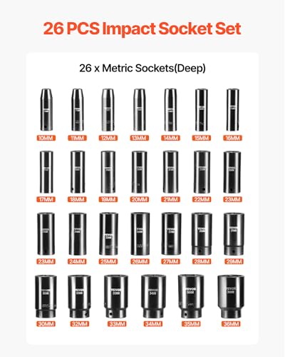 Image of VEVOR Impact Socket Set, 26pcs x 1 /2inch Metric 10mm-36mm Impact Sockets, 6-Point Deep Socket Rugged Construction High-torque, Cr-V 1 /2 Inches Drive Socket Set Impact with a Storage Cage