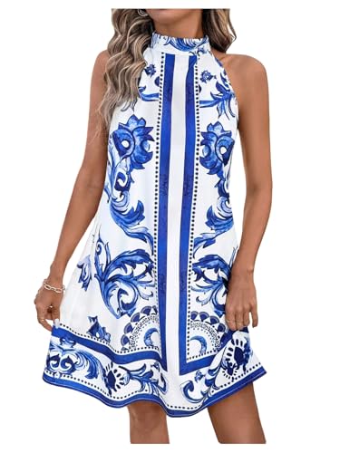 Image of Floerns Women's Sleeveless Floral Print Sundress Halter Neck A Line Short Dress