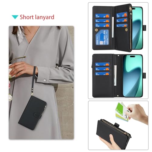 Jaorty Wallet Case Compatible with iPhone 17 Pro with Wrist Strap,2025 Release Purse for Women Men,[9 Card Slots] Card Holder Zipper Cash Pocket Magnetic Leather Cover,6.3 inch Black by Jaorty - Image 4