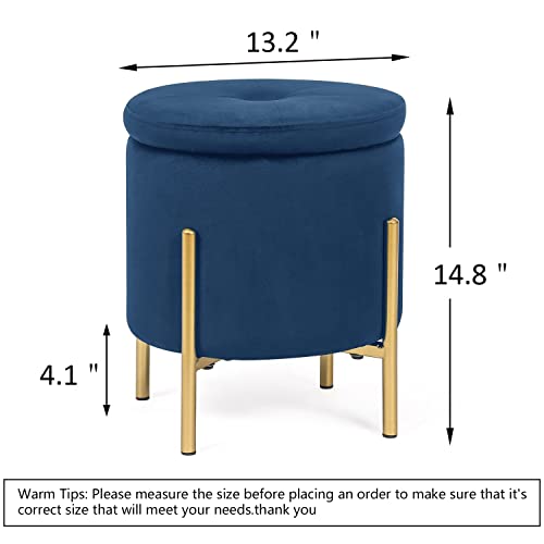 Adeco Upholstered Tufted Round Storage Ottomans, Navy Modern Velvet Footrest Ottomans With Storage For Couch #TOP2