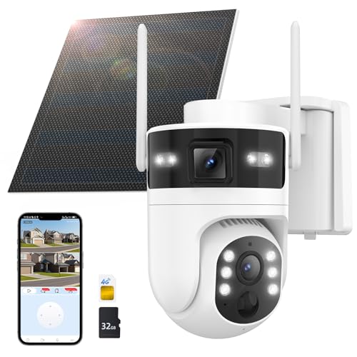 Voxblend 4G LTE Cellular Solar Security Camera Wireless Outdoor: Dual-Lens Cámara, Pan and Tilt, 360° Live View, with SIM Card and 32GB SD Card, No WiFi, 2K Color Night Vision, 2 Way Talk, PIR Motion