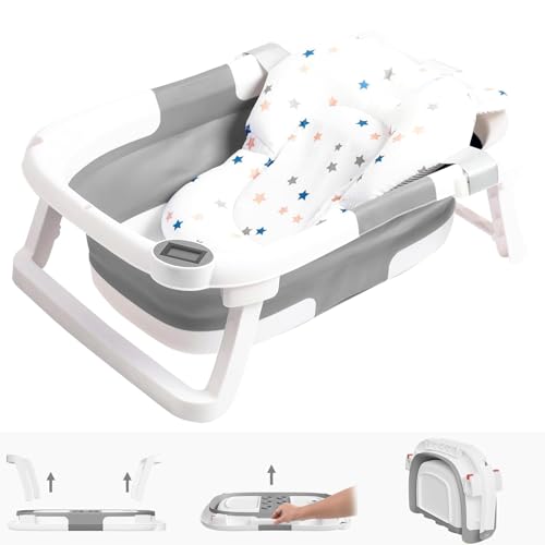 Image of Collapsible Baby Bathtub,Baby Bath Tub with Soft Cushion & Thermometer,Baby Bathtub Newborn to Toddler 0-36 Months,Portable Travel Baby Tub