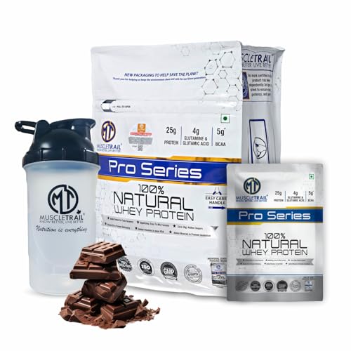 Image of MuscleTrail Pro Series Whey Protein| (58 Pouches) Shaker inside | 25g protein | Primary source isolate | Low carb & Fat | 4g glutamine & glutamic acid | 5g BCAA | 1.79kg | (Dutch Chocolate)