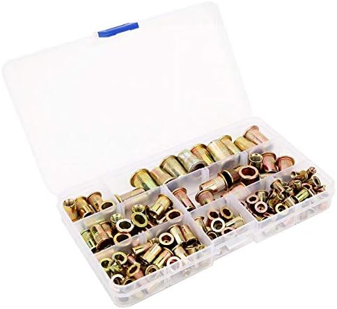 120pcs Rivet Nut Kit Zinc Plated Flat Head Threaded Fastener Nuts M5 M6 M8 M10 Flat Head Rivet Nut Kit Nuts Set with Box