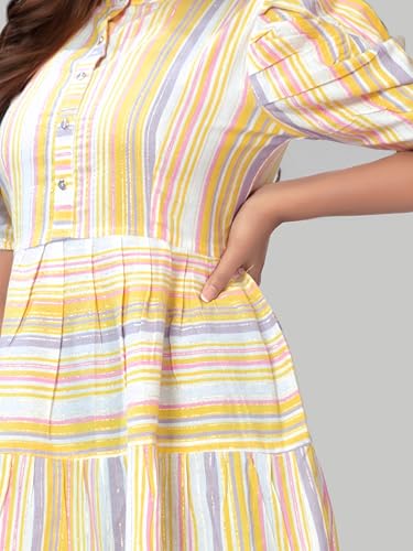 Image of Women's Cotten Light Colour Western Stripe Dress, Knee Length Puff Slevee