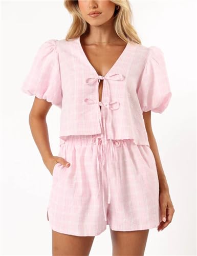 Image of Yuemengxuan Women Y2k Two Piece Plaid Lounge Sets Puff Sleeve Tie front Blouse Top High Waist Shorts Casual Pajamas Sets