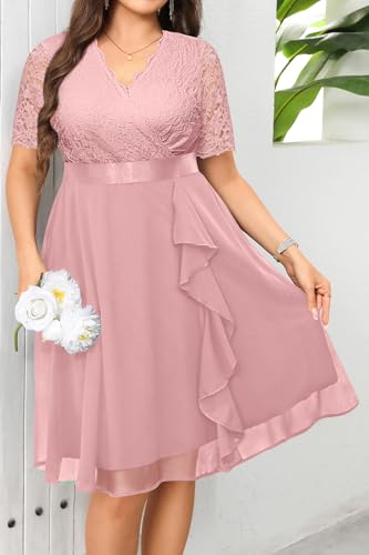 Image of Talisea Plus Size Wedding Guest Dress - Formal Cocktail Party Ruffle Elegant Tea Length Lace Chiffon V Neck Midi Dresses