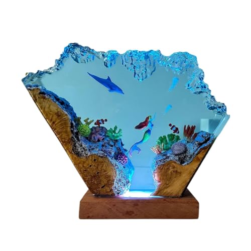 Image of FOTN Mermaid Resin Lamp Ocean Epoxy Resin Night,The Underwater World Landscape Night Lamp with USB Port for Office Decoration, Bedroom Decoration (Mermaid-2,8 inches)