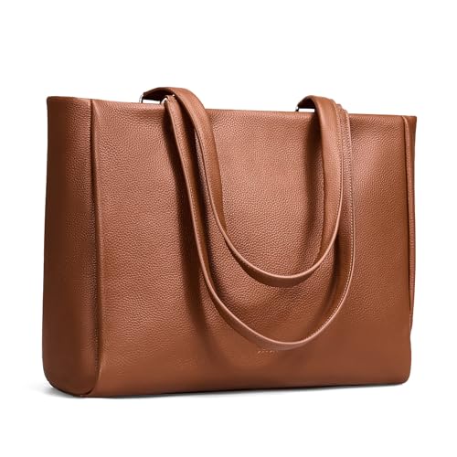 befen Real Leather Work Tote Bag for Women Ladies Totes Shoulder Purse Satchel Handbags with 15.6' Compartment & Water Cup Holder Cognac Brown