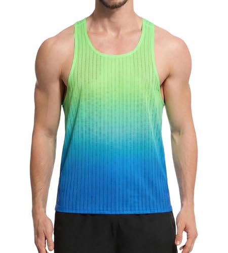 IGtrek Mens Perspective Grids Running Tank Tops Ultra Lightweight Marathon Singlets Breathable Race Vests Quick Dry Green/Blue