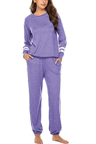 Ekouaer Women's Pj Set Sleepwear Two Piece Pajamas Tops with Long Sleep Pants Pjs Loungewear Lavender S