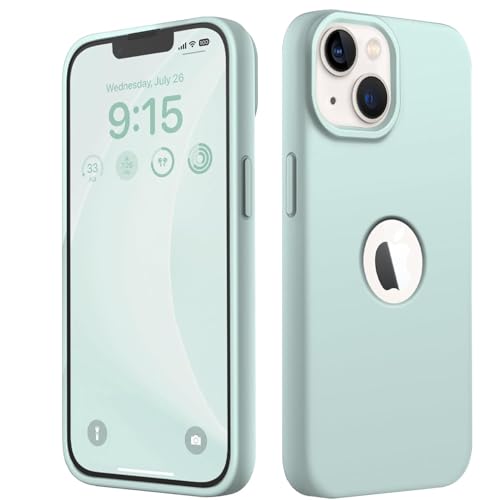 Image of VONZEE Microfiber Logo Cut Cover Compatible for iPhone 13 Case Cushion Liquid Soft Silicone Gel Rubber Phone Cases Non-Slip Full Body Protective Shockproof Back Cover 6.1 inch, Mint Green