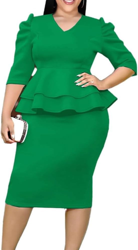 ONTINVA Women V-Neck Plus Size Peplum Dress Church Wear to Work Bodycon Short Sleeve Midi Dresses Valentine Outfits