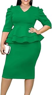 Women V-Neck Plus Size Peplum Dress Church Wear to Work Bodycon Short Sleeve Midi Dresses Valentine Outfits
