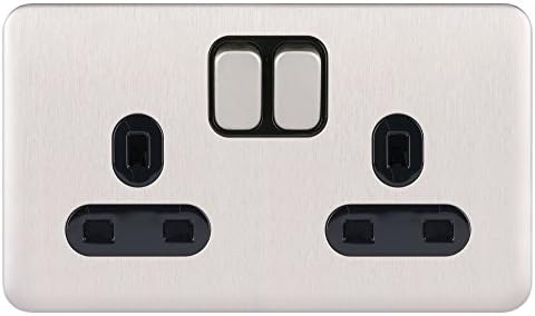 Schneider Electric Lisse Screwless Deco - Switched Double Power Socket, 13A, GGBL3020BSSS, Stainless Steel with Black Insert